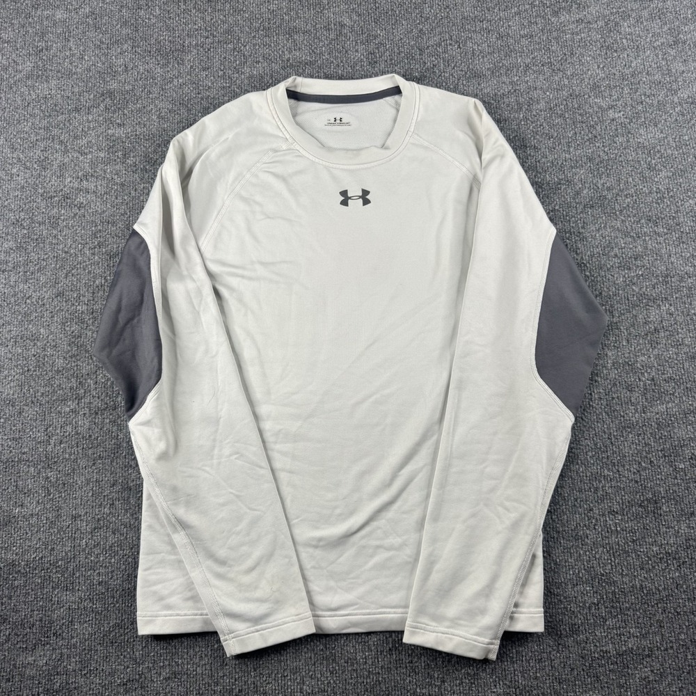 Under Armour Shirt Mens L White Long Sleeve Compression Thermal Logo Workout Gym